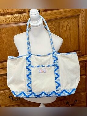 Roller Rabbit Canvas Tote Bag Blue White Block Print Paisley Beach RARE READ*